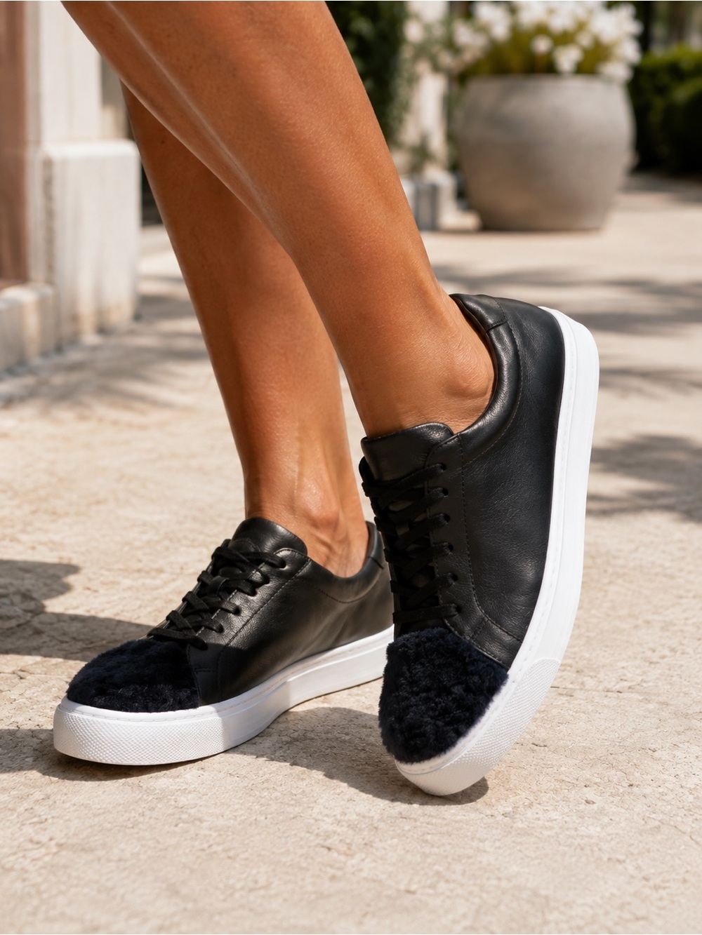 Loeffler Randall Black Leather Sneakers with Shearling Toe 7